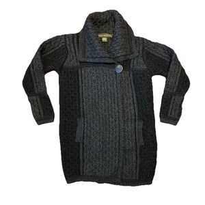Vtg Inis Crafts Cable‎ Knit Cardigan Sweater Sz Small Gray Merino Wool Fisherman